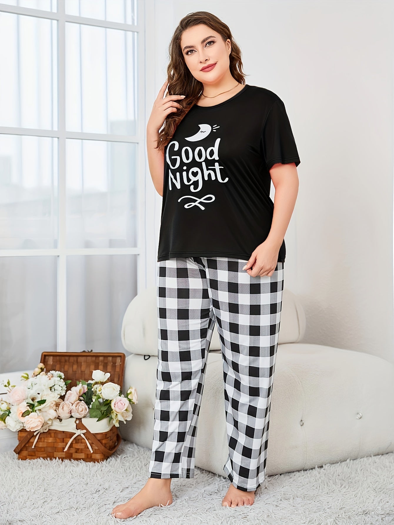  Casual Loungewear Set Women's Plus Short Sleeve Top & Gingham Pants