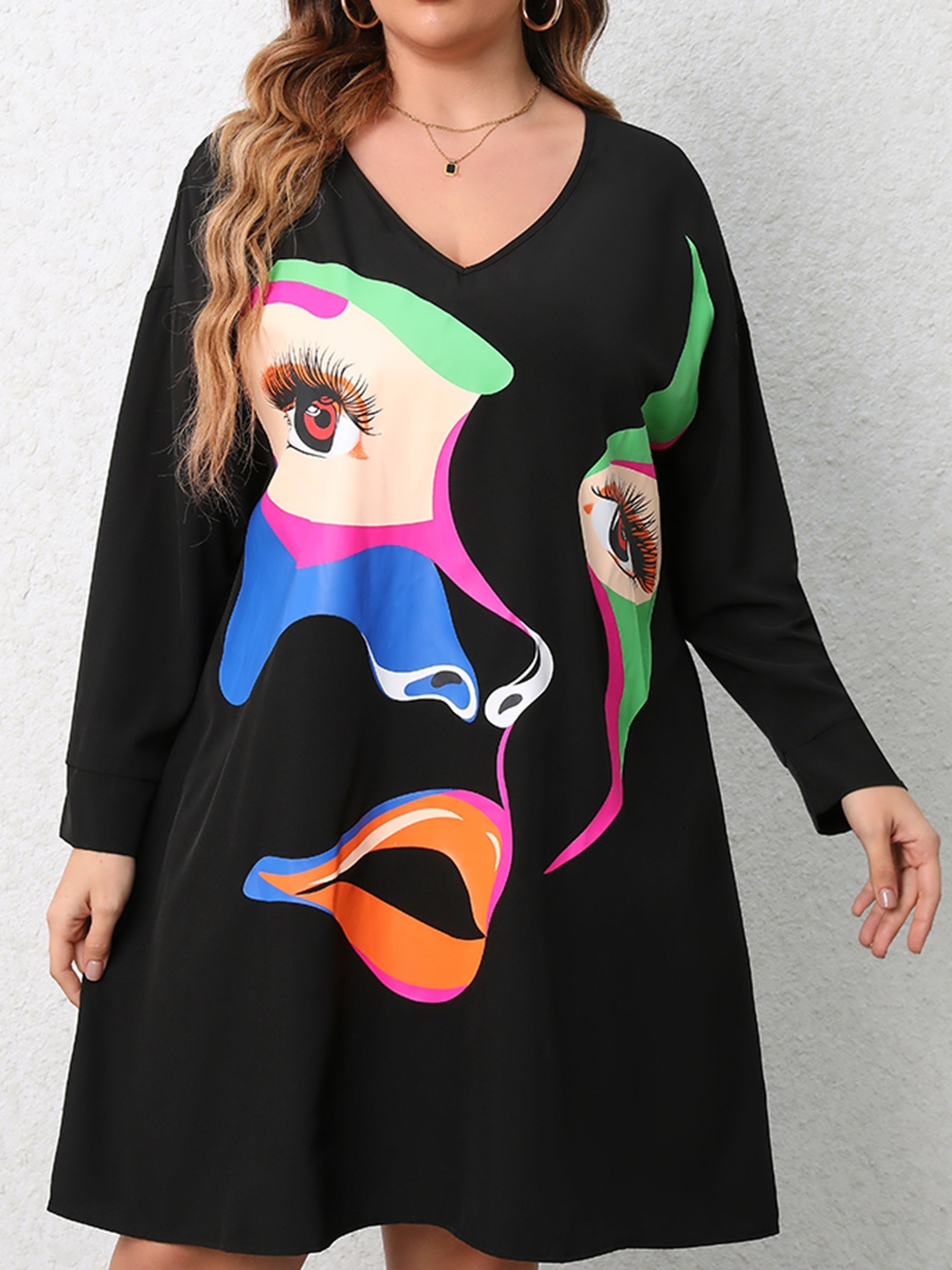  Colorblock Abstract Figure Print Long Sleeve V Neck Dress