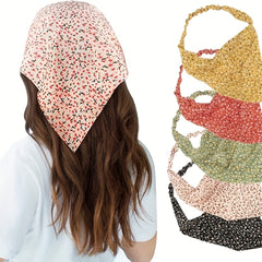 5pcs Floral Print Kerchief Chiffon Elastic Headscarf Triangular Headwear