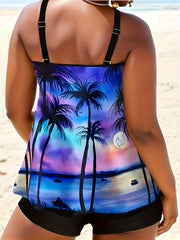  Coconut Tree Print Tankini Set Women's Casual 2 Piece Swimsuit