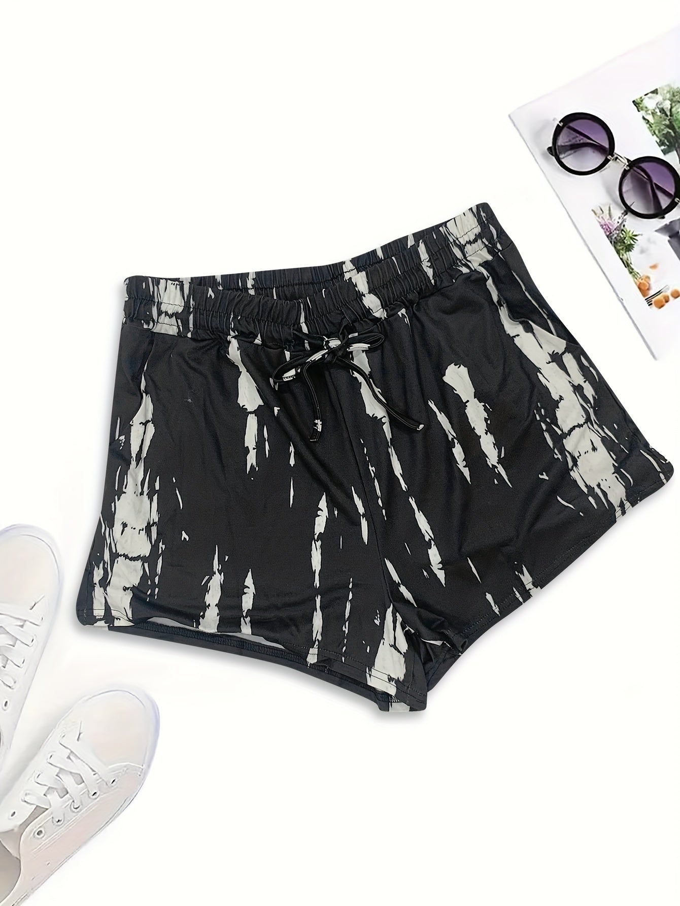  Tie Dye Stripe Print Elastic Waist Shorts with Pockets