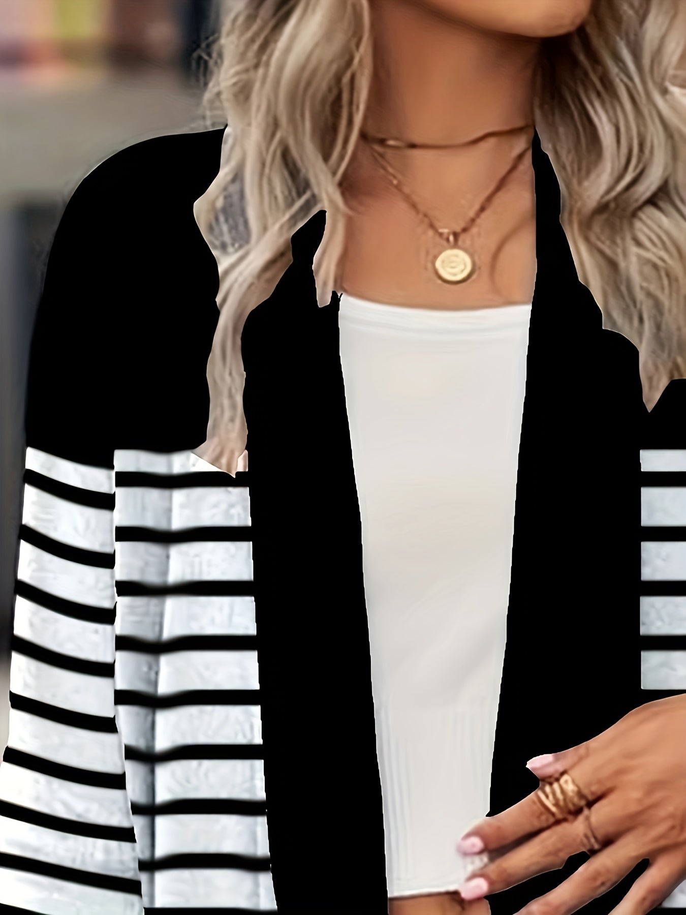  Colorblock Stripe Print Long Sleeve Open Front Cardigan
