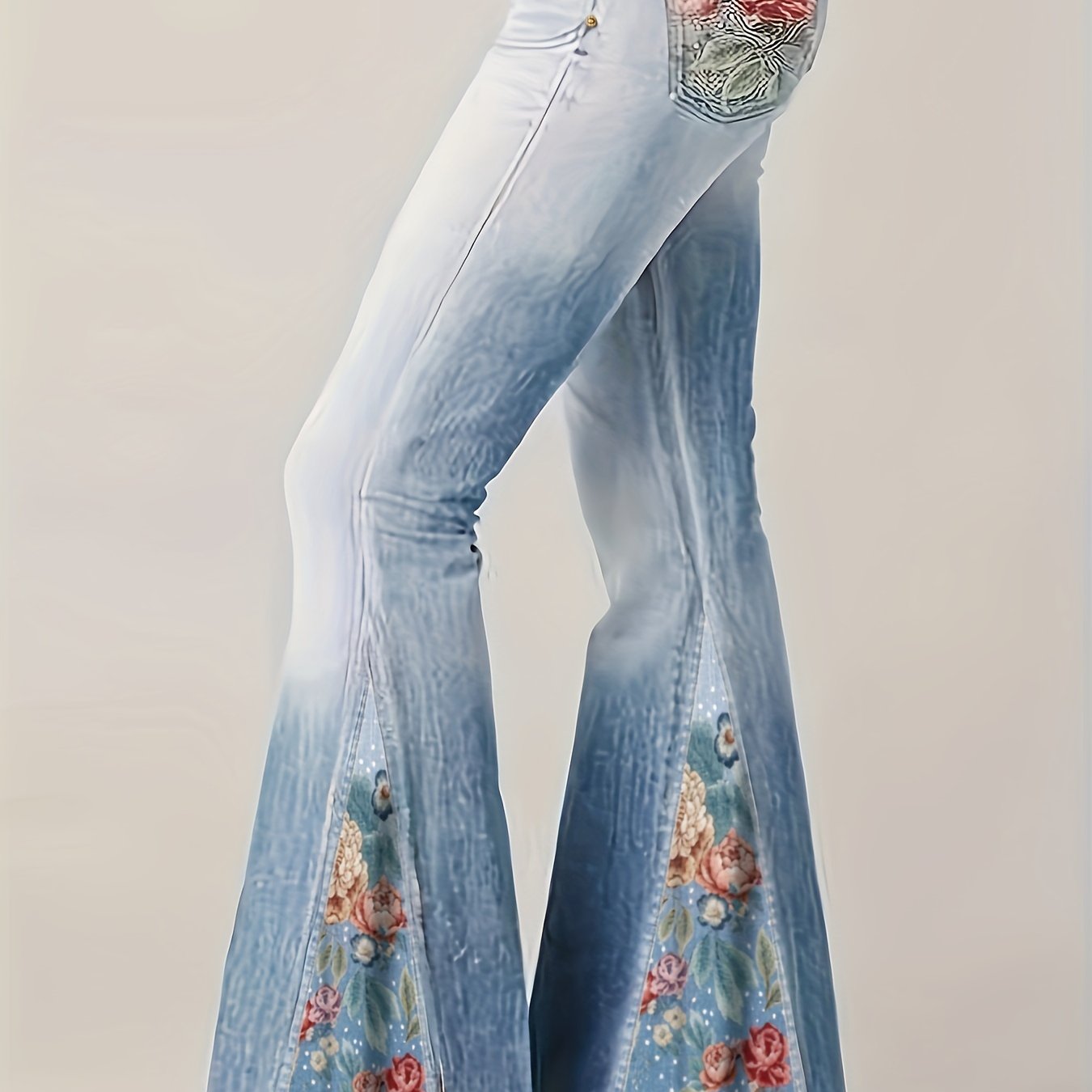  Denim Print Floral Panel Flare Pants