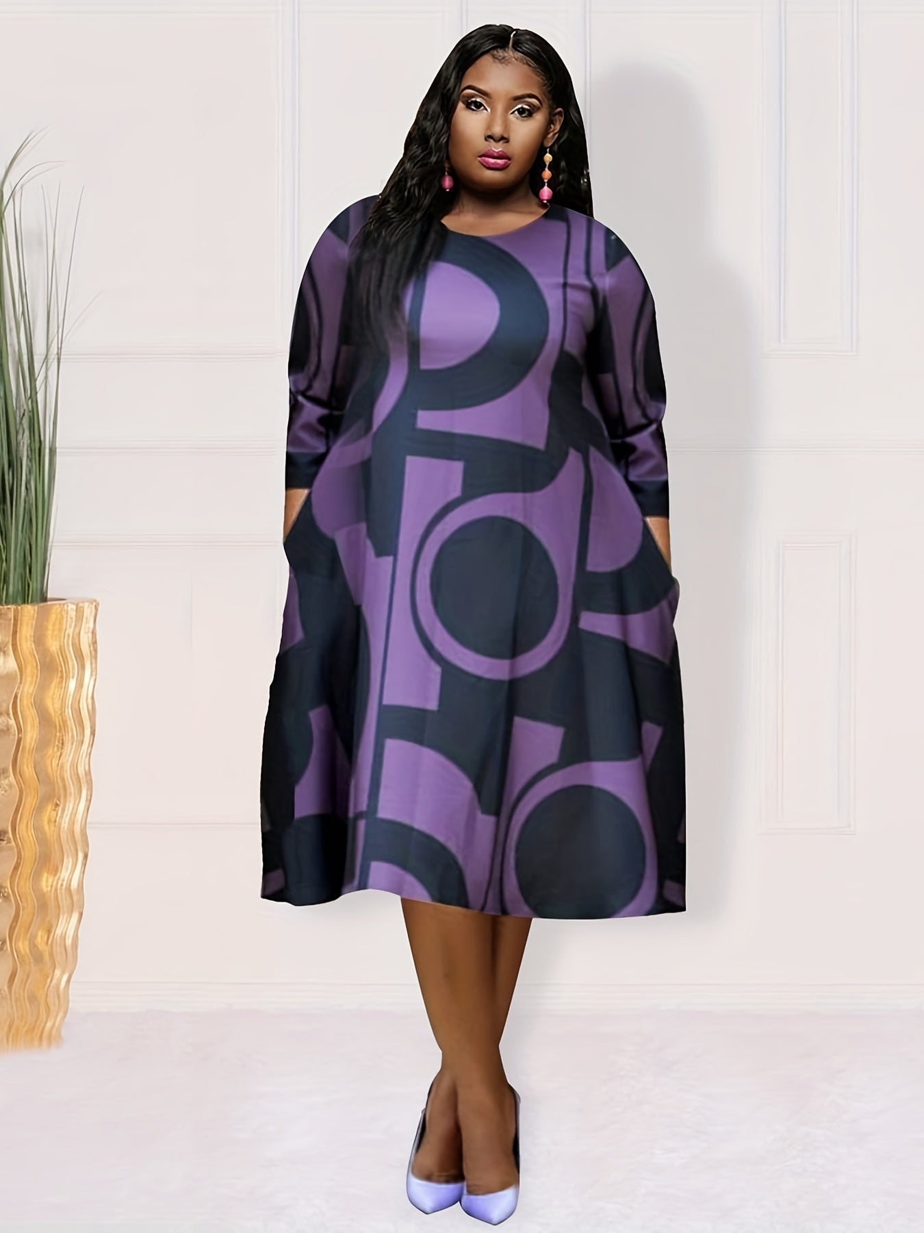 Geometric Print Half Sleeve Loose Fit Dress