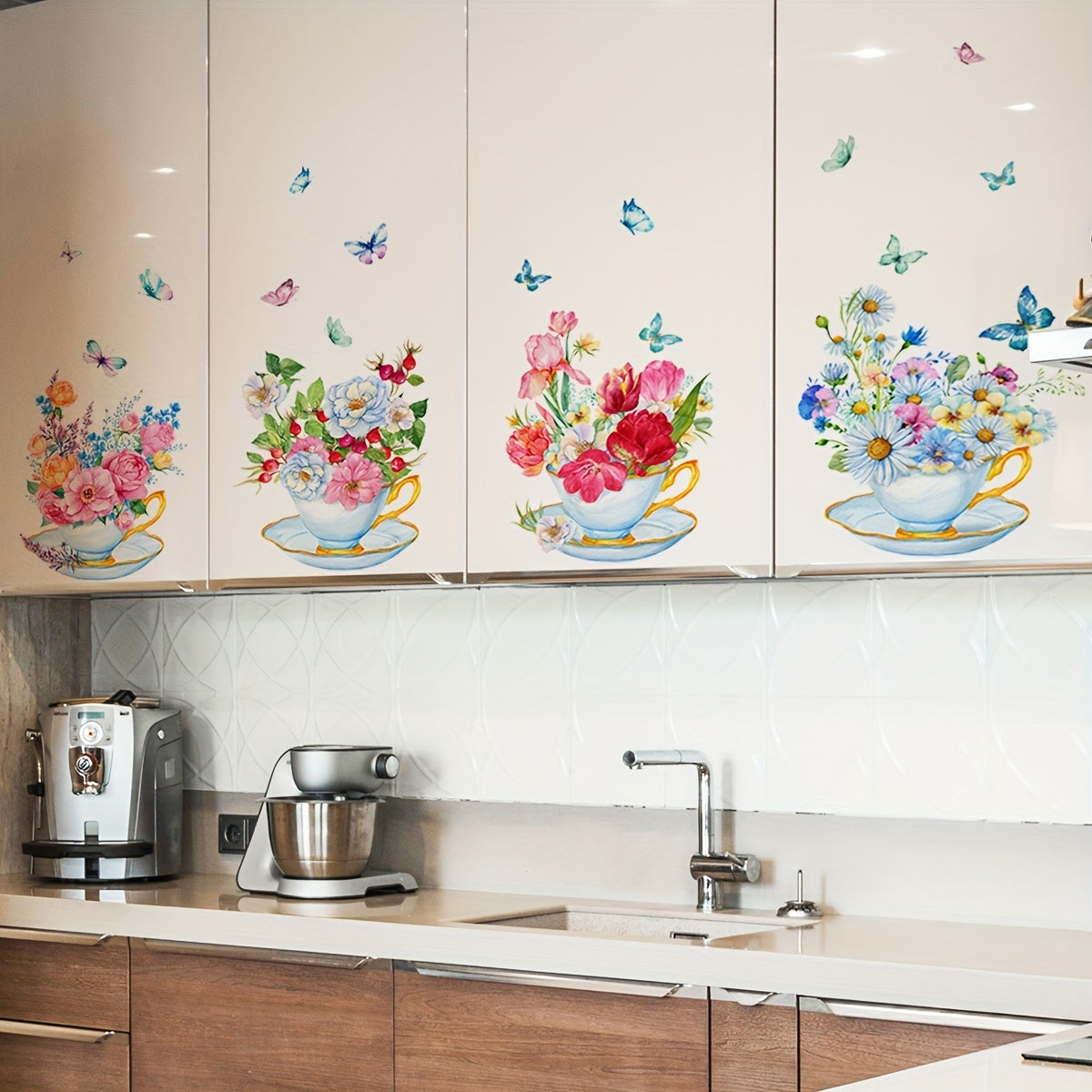 4pcs Green Plant Flowers Butterfly Wall Stickers Kitchen Living Room Decor