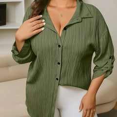  Solid Textured Roll Up Long Sleeve Blouse