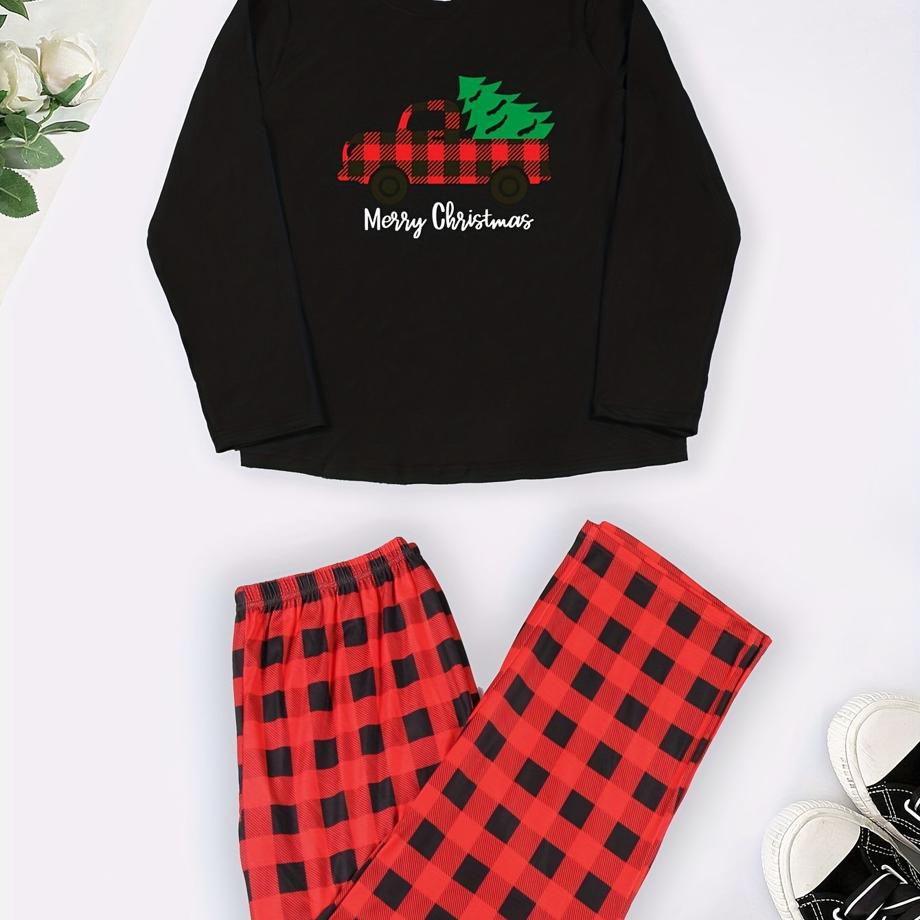 Christmas Casual Pajama Set Women's Plus Plaid Truck & Christmas Tree