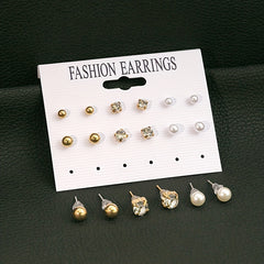 9 Pairs Round Faux Pearl Stud Earrings Set Silver Plated