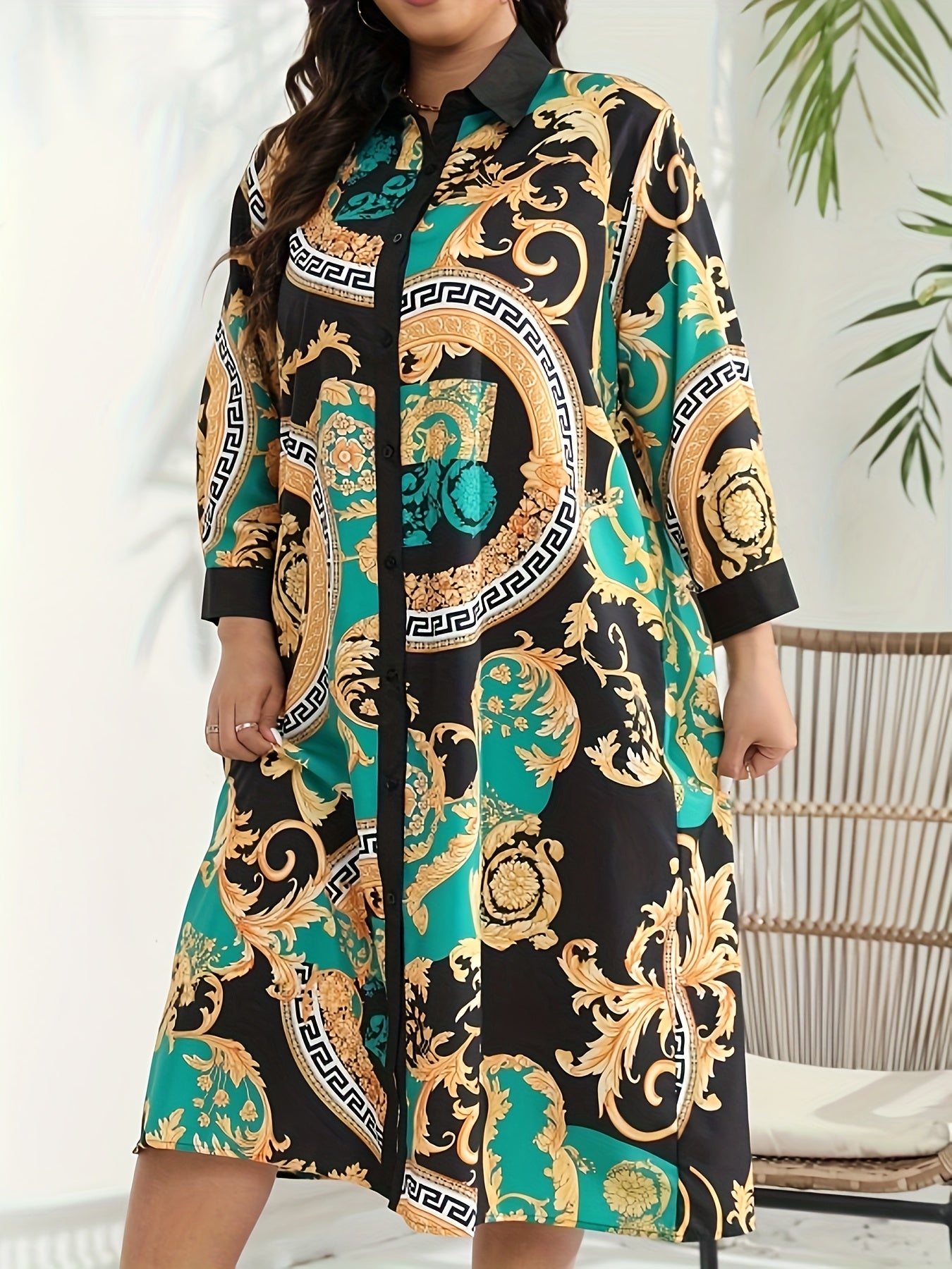  Baroque Print Button Up Long Sleeve Shirt Dress