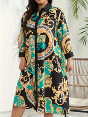  Baroque Print Button Up Long Sleeve Shirt Dress