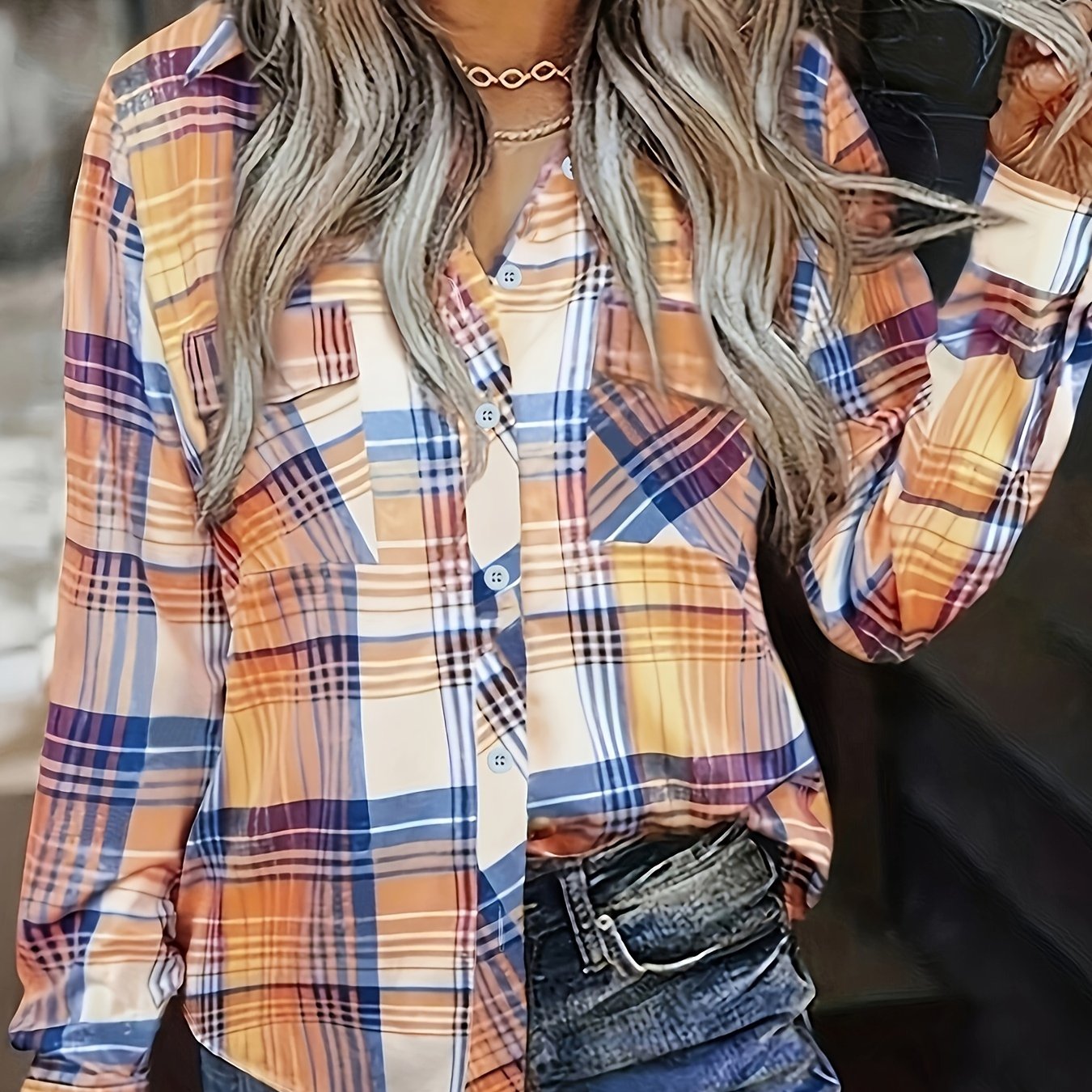  Plaid Print Button Up Collar Blouse