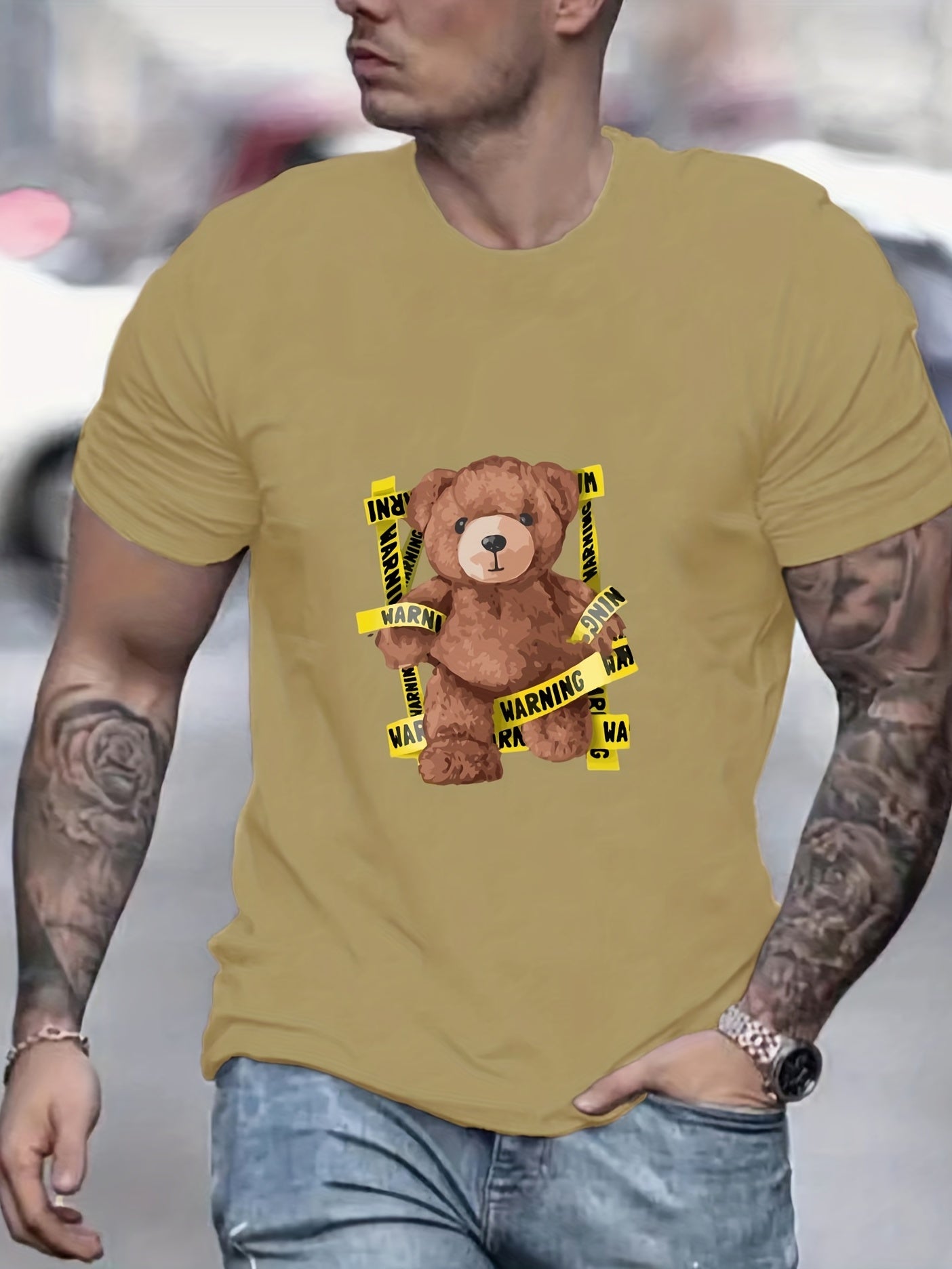 Teddy Bear Print Men's Graphic Crew Neck Active T shirt