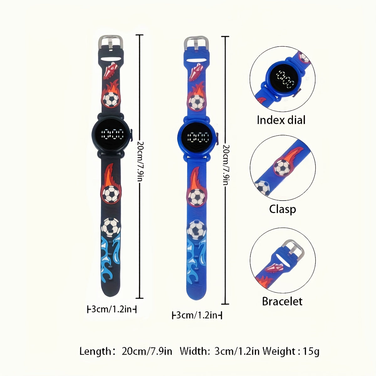 2pcs Boys' Soccer Electronic Watches with Digital Display & Flame Soccer Ball