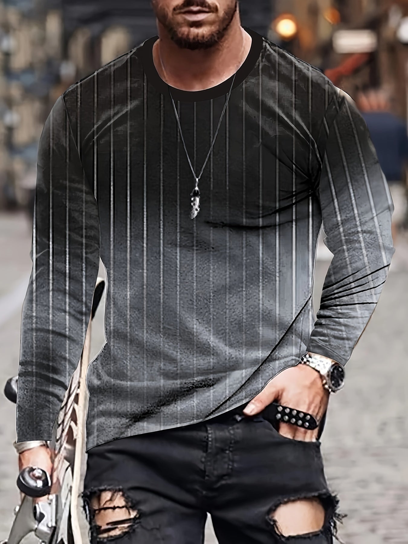 Gradient Men's Stripe Long Sleeve Novelty T shirt for Autumn
