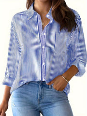  Women's Casual Stripe Print Button Up Blouse
