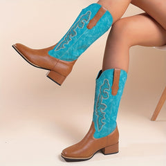 Women's Retro Western Boots Embroidered Square Toe Chunky Heel Cowgirl Mid Calf