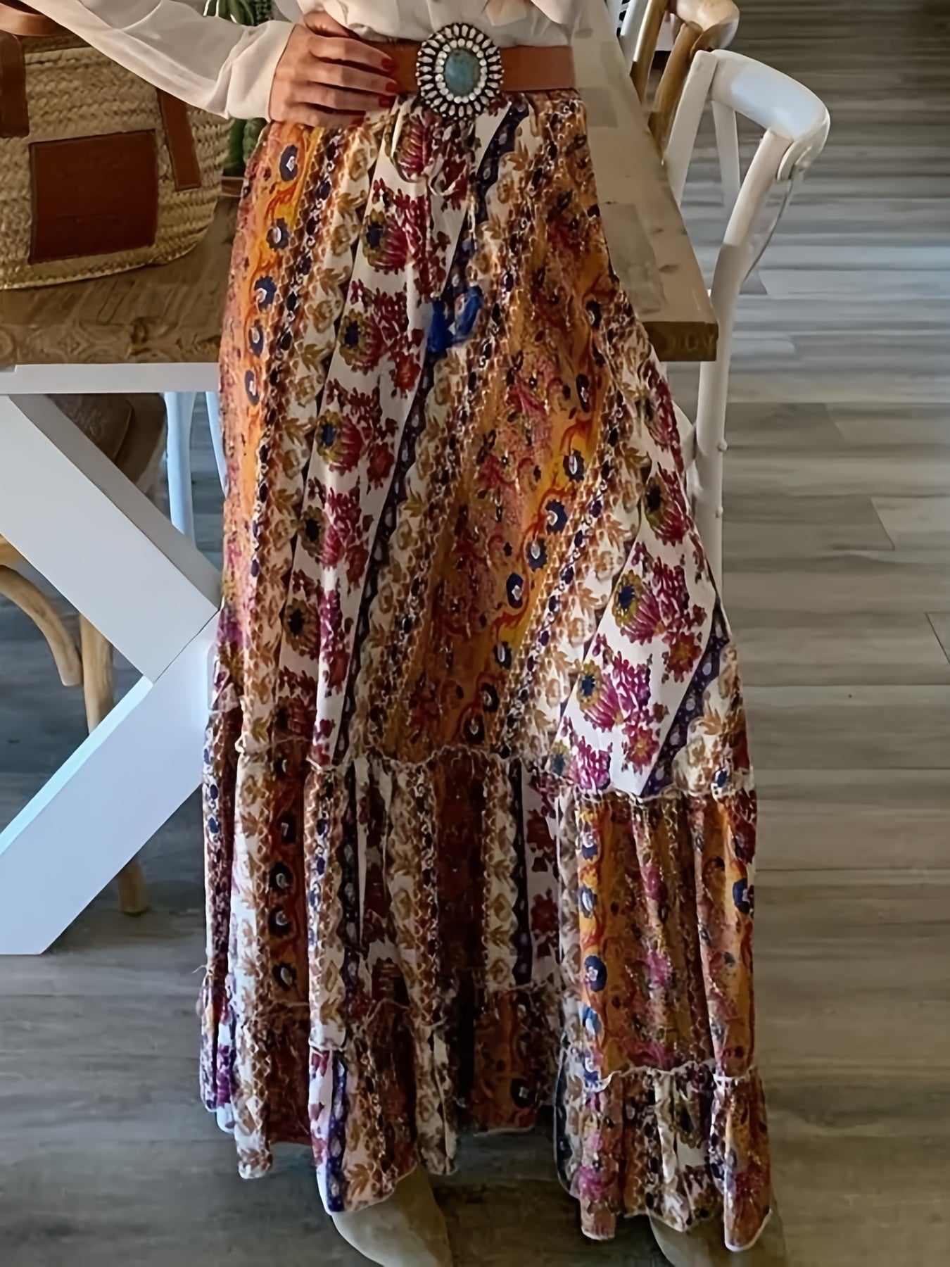  Tribal Print Ruffle Trim Maxi Skirt
