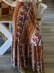  Tribal Print Ruffle Trim Maxi Skirt
