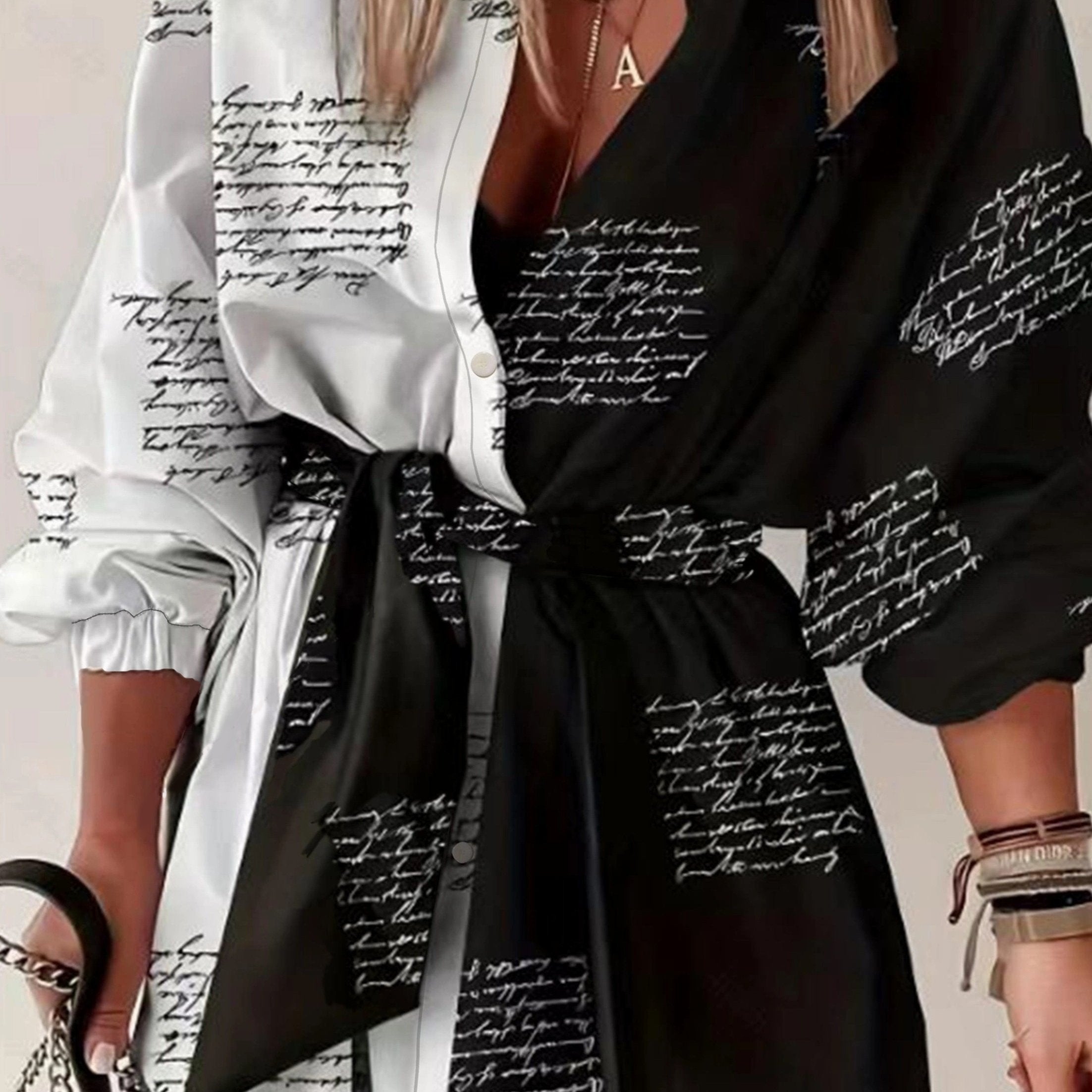  Colorblock Letter Print Polo Neck Shirt Dress
