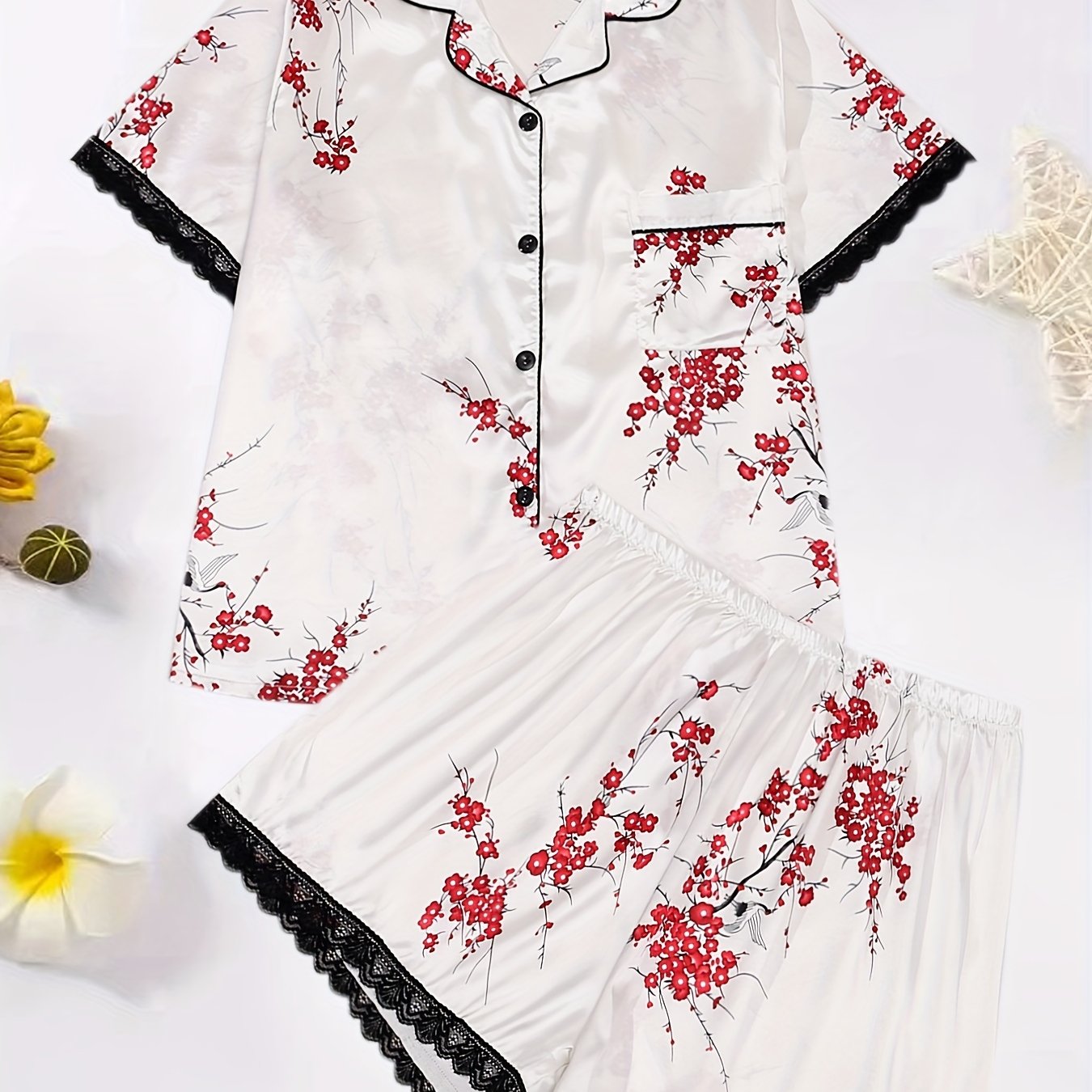  Satin Floral Print Lace Trim Pajama Set