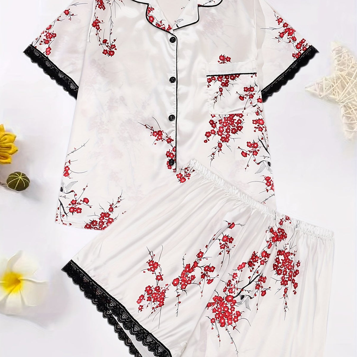  Satin Floral Print Lace Trim Pajama Set