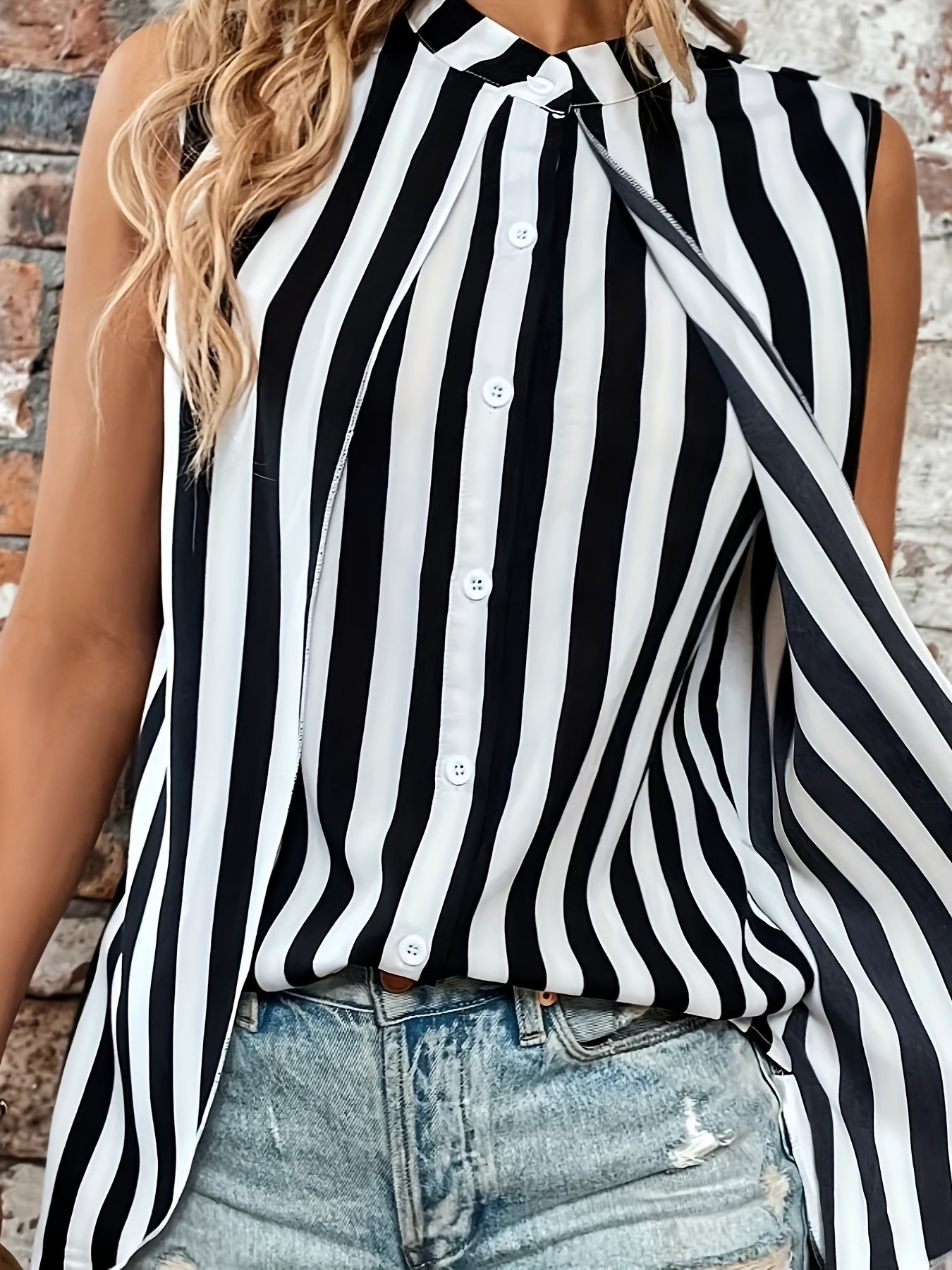  Stripe Print Button Up Tank Blouse
