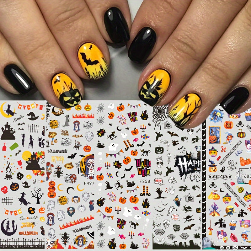 3D Halloween Nail Art Stickers Pumpkin Ghost Bat Witch Designs Self Adhesive Nai