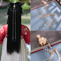 Vintage Chinese Style Hanfu Hair Clip with Faux Pearl Flower Leaf Beaded Tassel