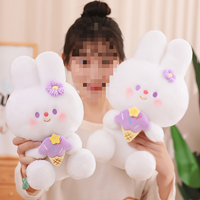 Adorable Rabbit Plush Toy with Flower & Ice Cone Soft Stuffed Animal