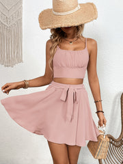 Solid Two Piece Skirt Set Crop Top & Tie Front Skirt Women's Outfit