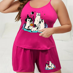  Ghost Cat Print Pajama Set Cami Top & Shorts
