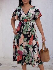  Tropical Print Flutter Sleeve Midi Dress
