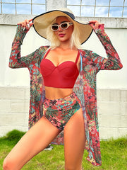 Floral Print High Waist Bikini Set With Cover Up 3 Piece Swimsuit