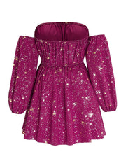 Golden Star Print Off Shoulder Mini Dress