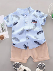 2pcs Baby Boys Feather Print Shirt & Shorts Set Cotton Casual Clothes
