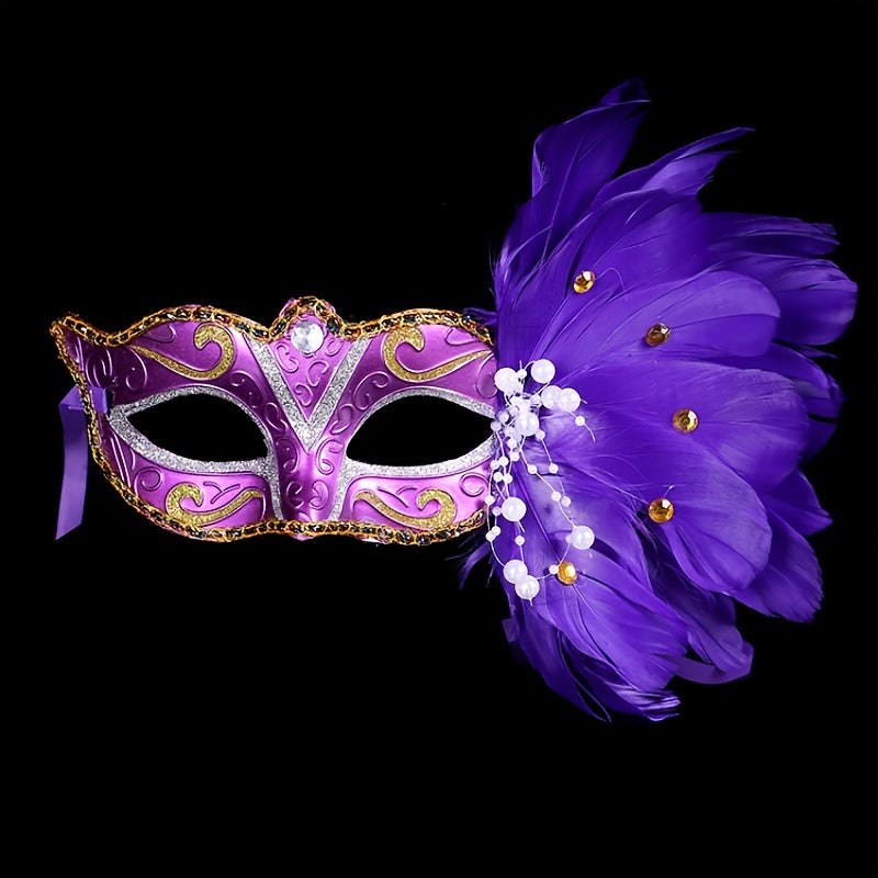 Masquerade Party Mask with Faux Feather & Pearl