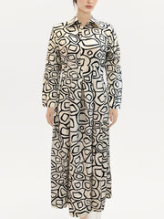 Graphic Print Maxi Dress Long Sleeve Ruched Dress With Collar