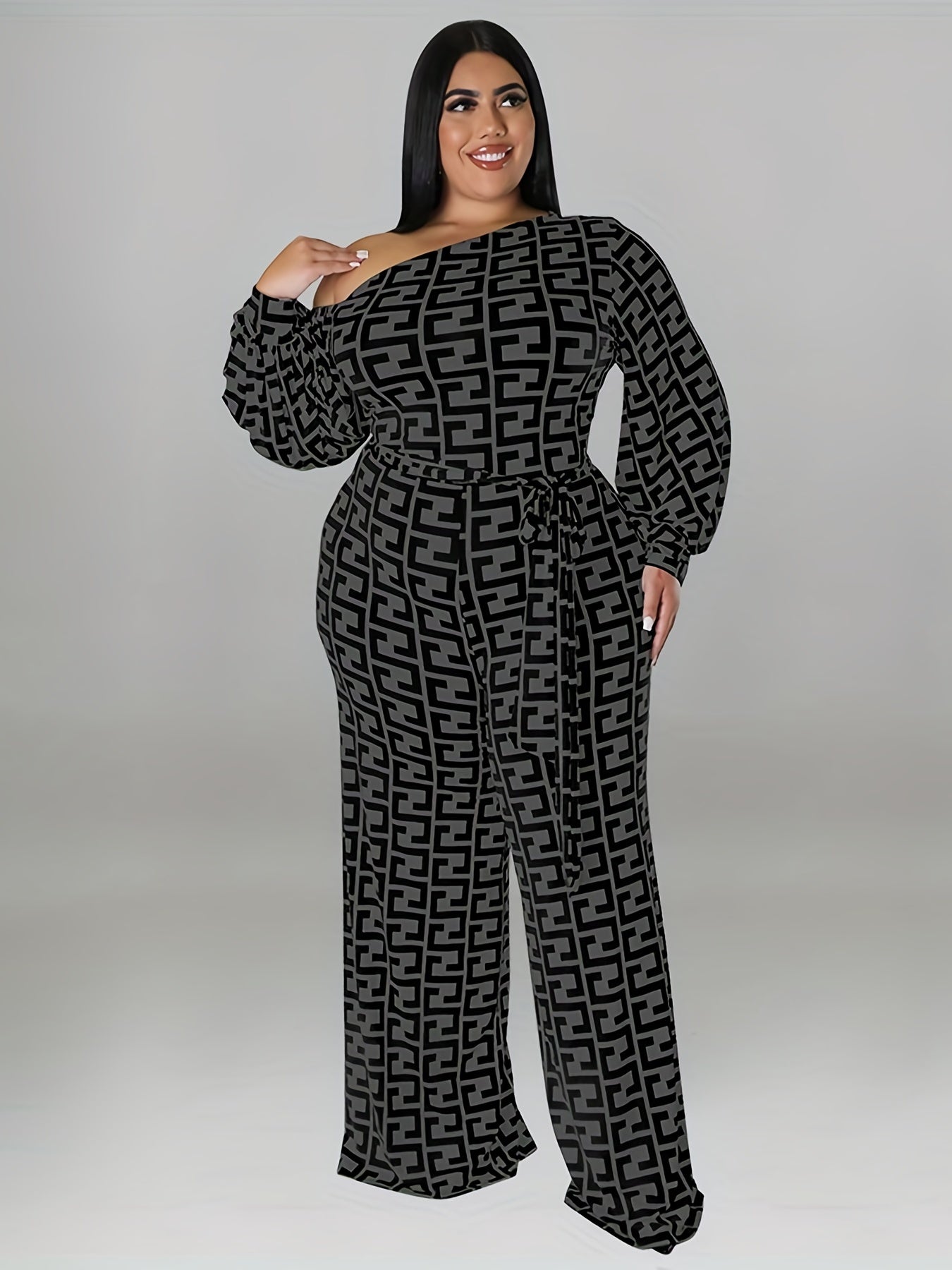  Geometric Print One Shoulder Jumpsuit With Belt