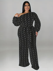  Geometric Print One Shoulder Jumpsuit With Belt