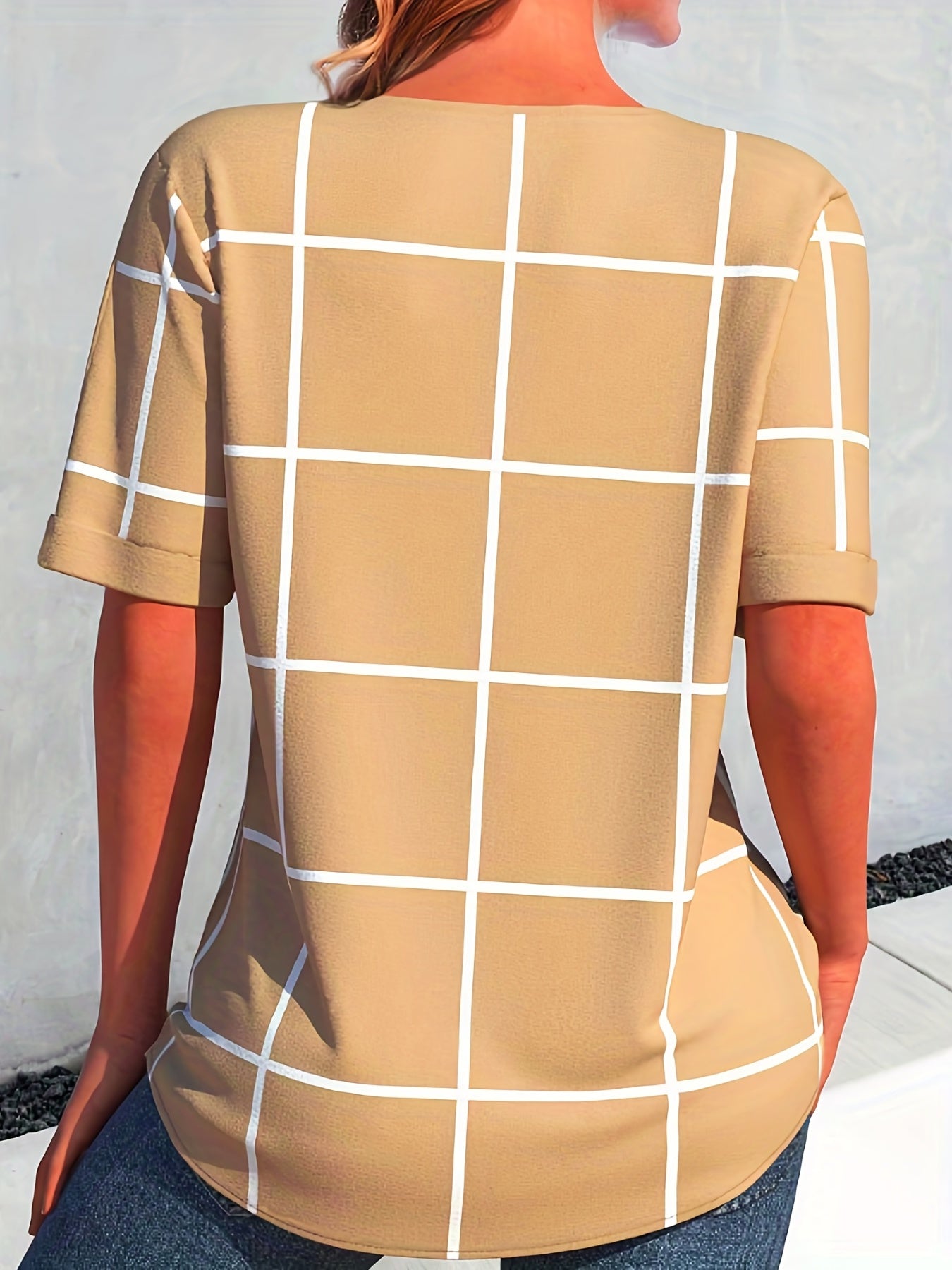  Plaid Print Short Sleeve Button Decor V Neck High Stretch Top