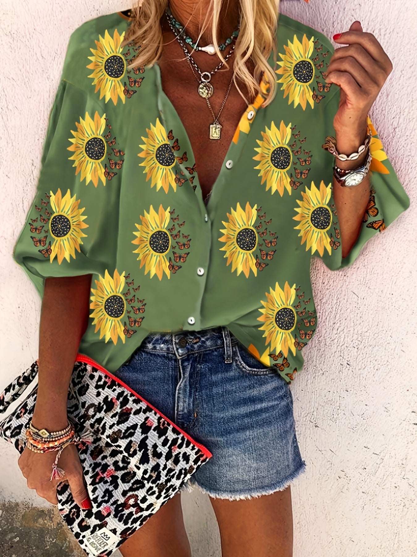  Sunflower & Butterfly Print Lantern Sleeve Button Up Shirt