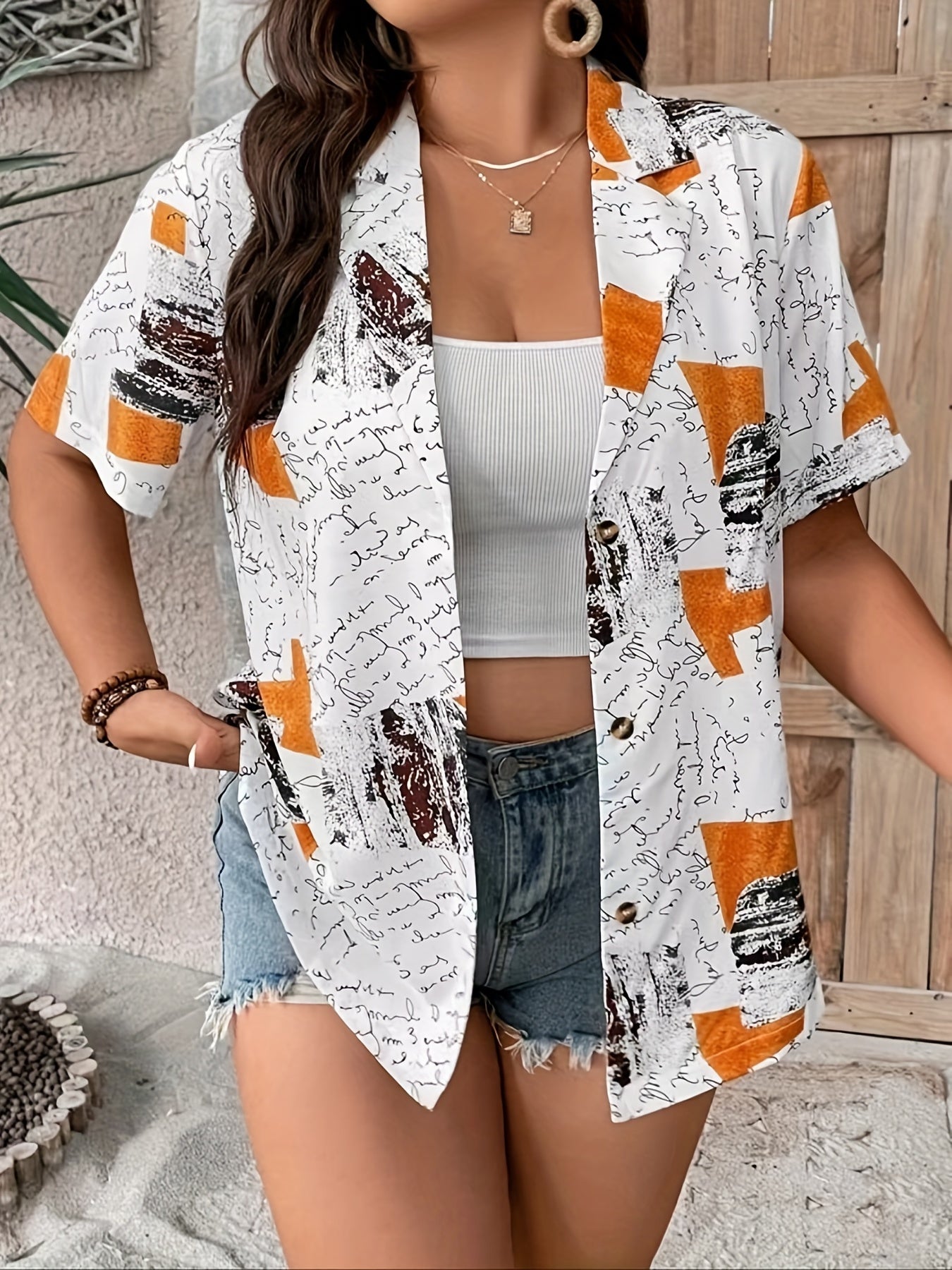  Colorblock Letter Print Button Up Short Sleeve Blouse
