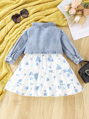Baby Girls Stylish Denim Short Coat & Floral Print Suspender Dress Set