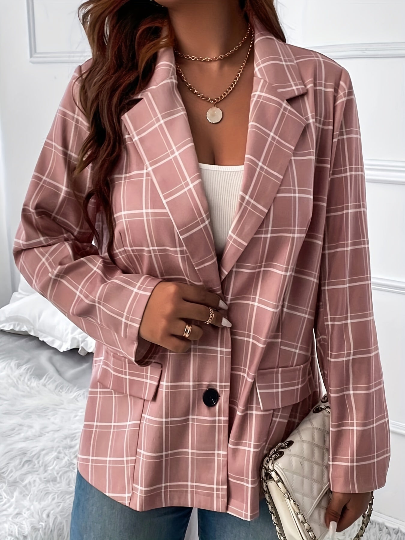  Grid Print Single Breast Button Blazer