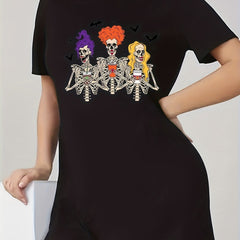  Halloween Dress Women's Witch Skull Print Short Sleeve