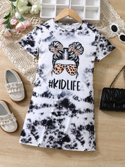 Girls Tie Dye Short Sleeve T Shirt Dress Loose Fit Comfortable Random Print