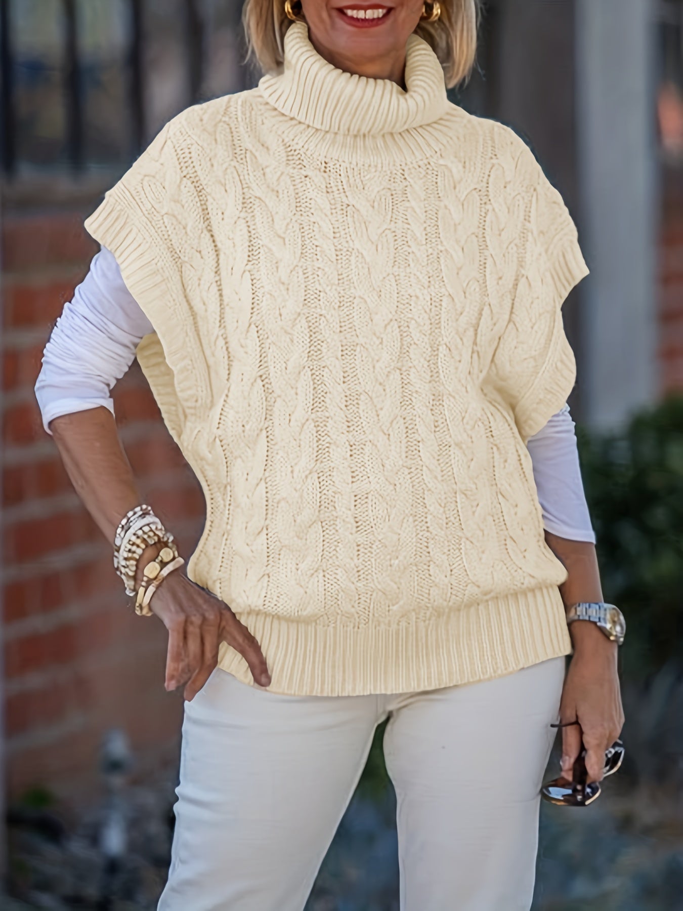  Boho Sweater Women's Plus Solid Cable Batwing Sleeve High Neck Sweater