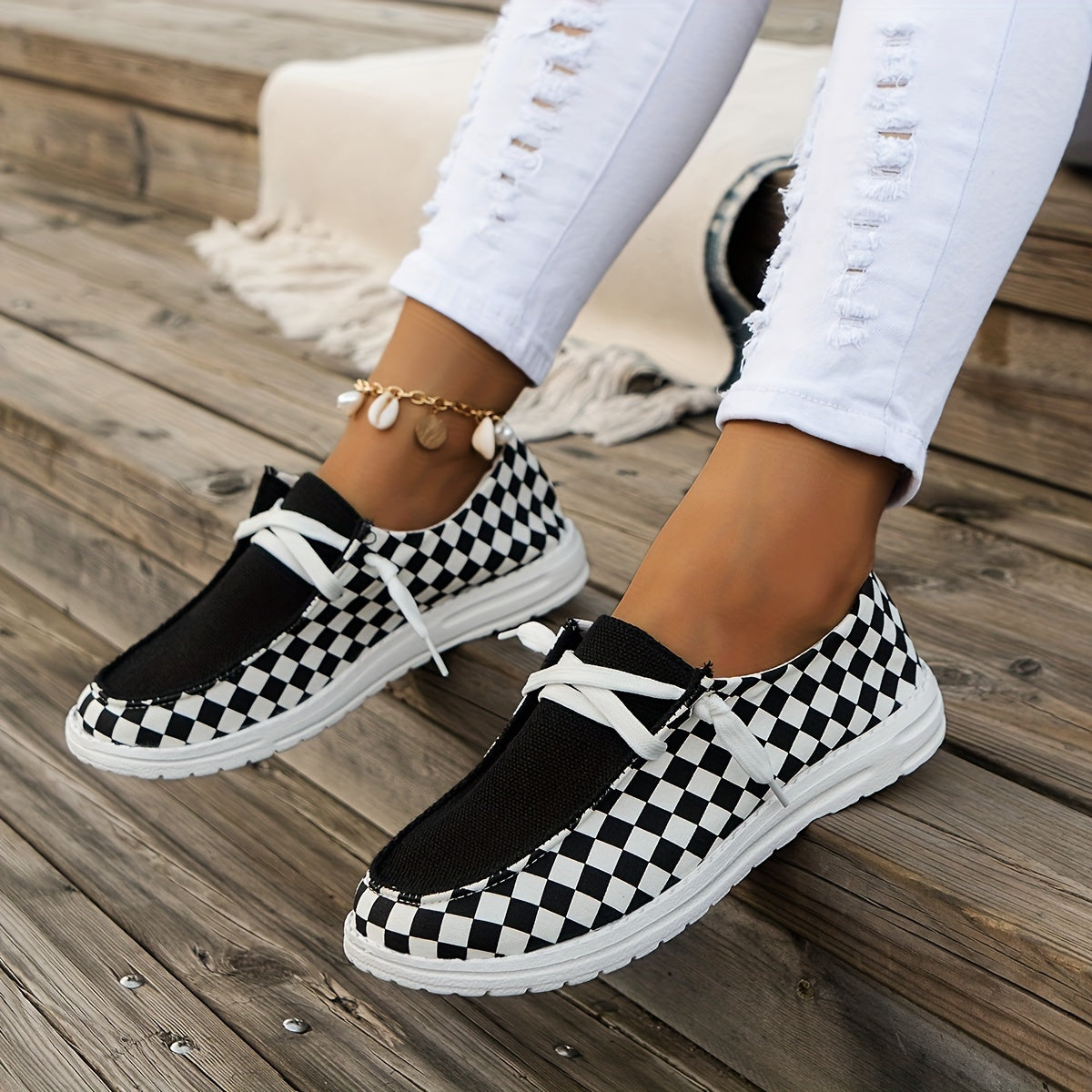 Breathable Checkerboard Loafers Lightweight Canvas Sneakers
