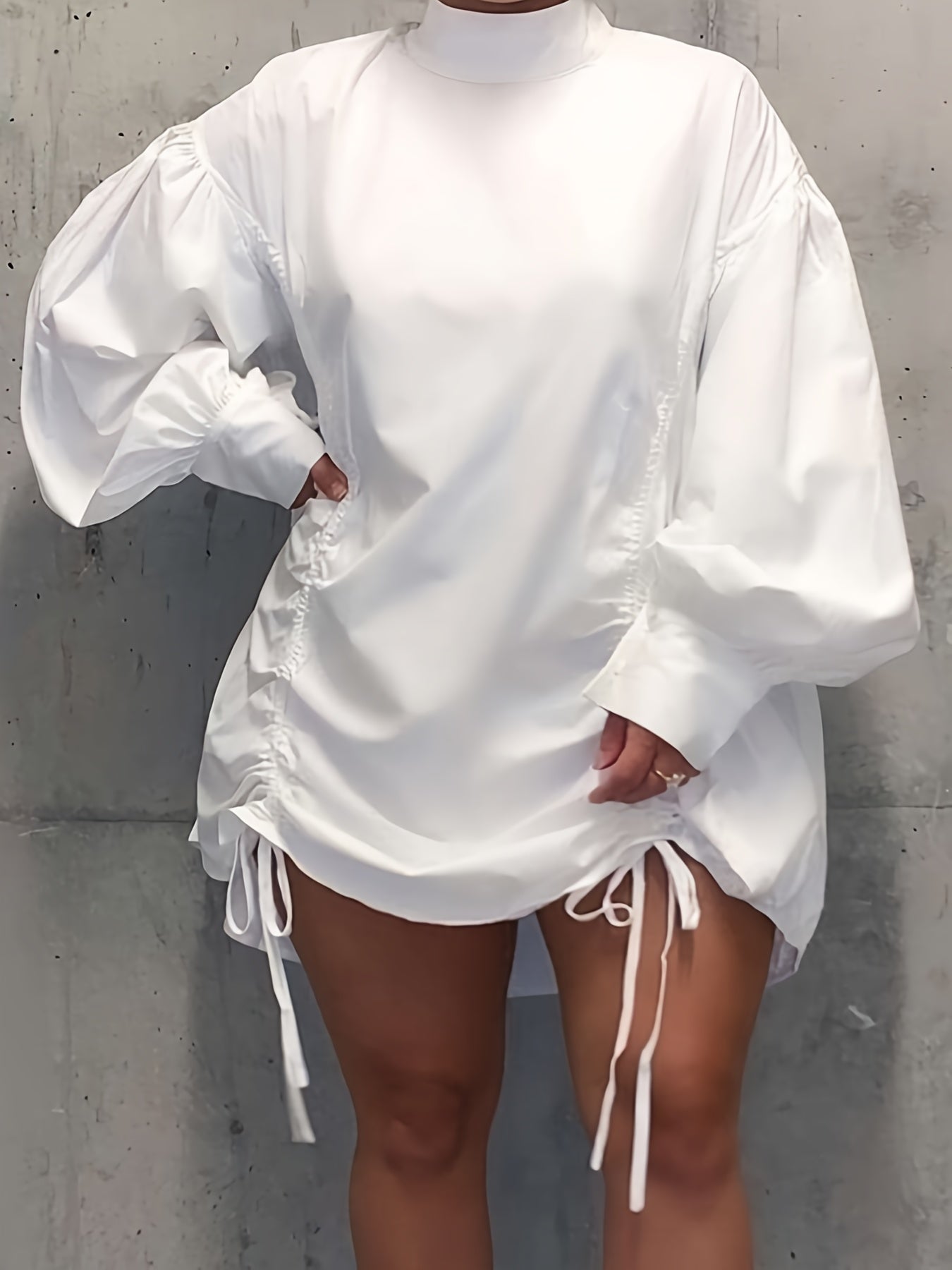  High Neck Lantern Sleeve Ruched Stretch Dress
