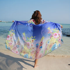 Peacock Feather Print Chiffon Scarf Boho Oversized Thin Shawl